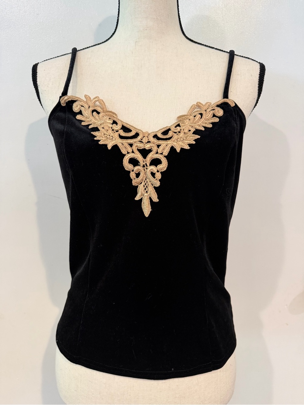 Vintage Sophia by Delicates Black Velvet Camisole with Gold Embroidery Trim, Sm